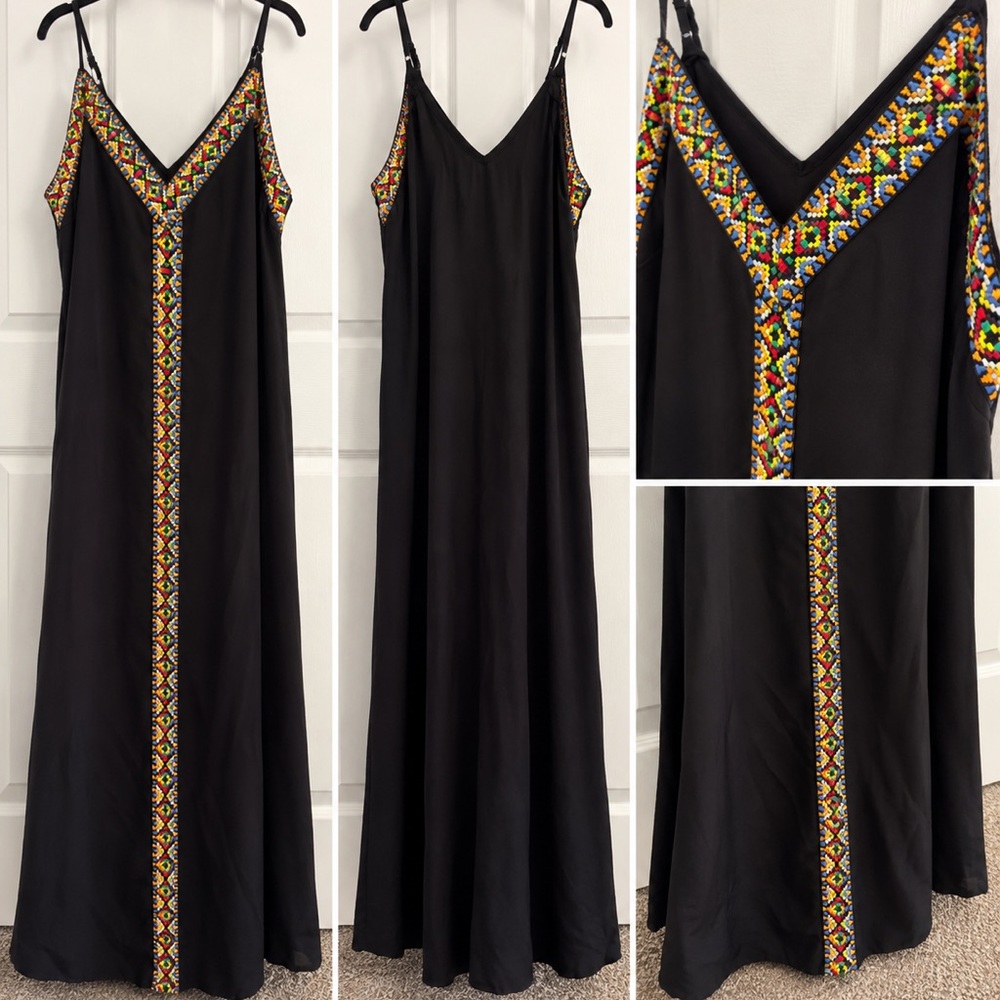 Black Maxi Slip Dress with Multicolor Beaded Trim